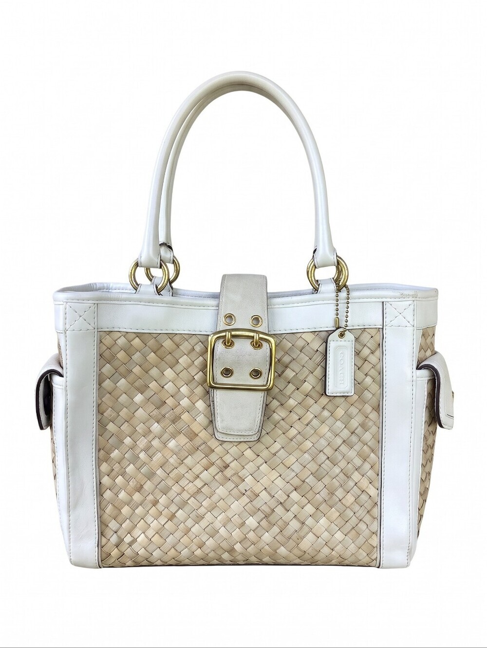 Coach Beige Woven Straw Tote with White Leather Trim and Gold Turn Lock Hardware